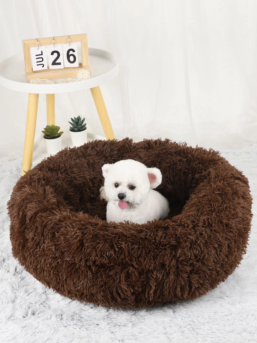 1pc Solid Plush Pet Bed - Coffee Brown - View 1