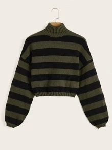 ROMWE Fairycore Striped Pattern Bishop Sleeve Sweater,Long Sleeve Tops - Army Green - View 1