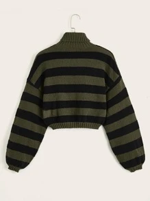 ROMWE Fairycore Striped Pattern Bishop Sleeve Sweater,Long Sleeve Tops - Army Green - View 2