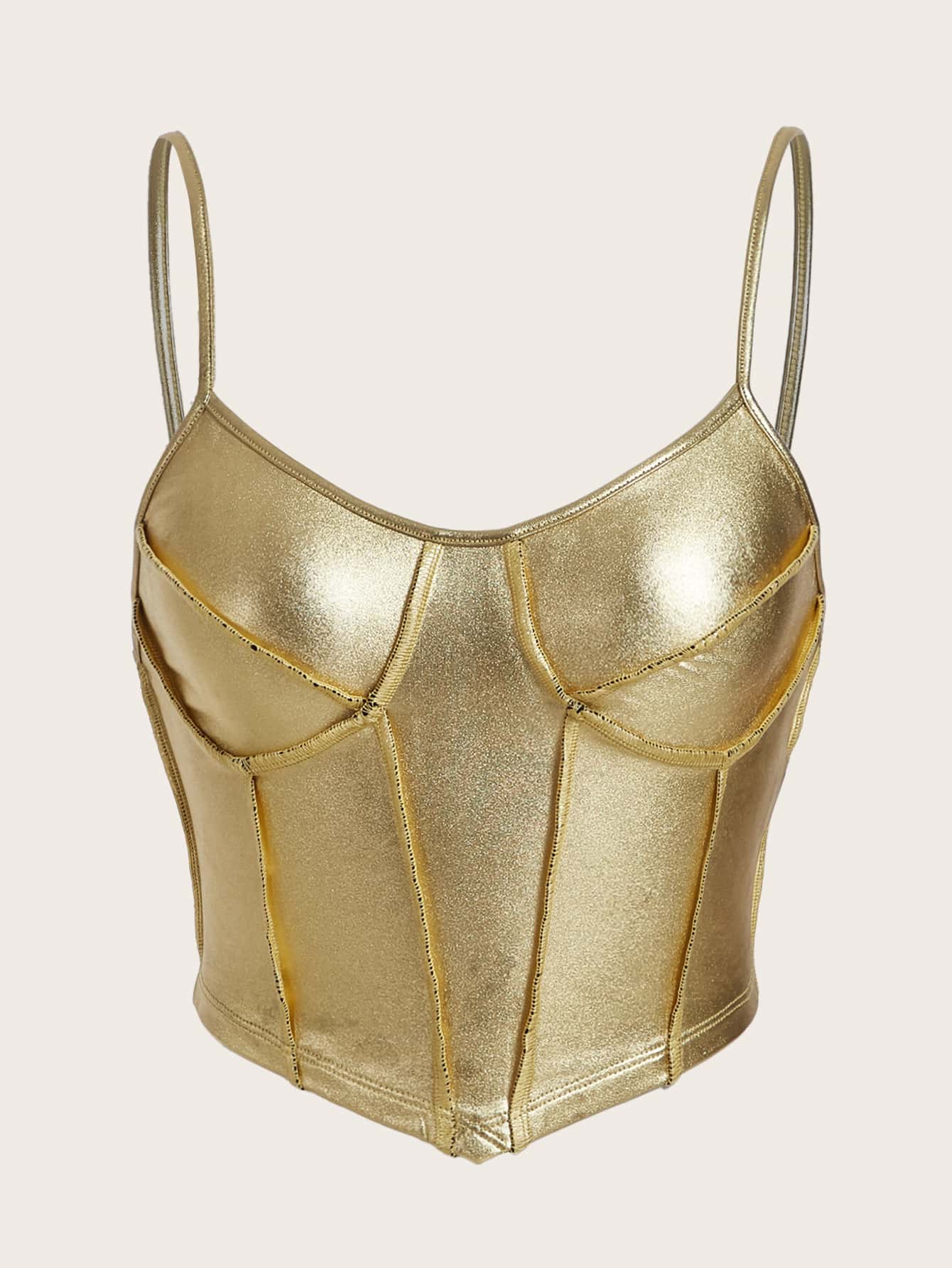 SHEIN ICON Top de tirantes con costura delantera bustier PU - Dorado - Ver 1