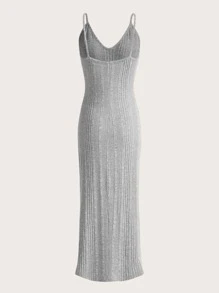 SHEIN EZwear Split Thigh Rib-knit Cami Dress - Light Grey - View 2