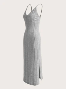 SHEIN EZwear Split Thigh Rib-knit Cami Dress - Light Grey - View 5