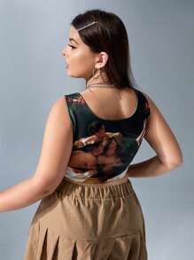 SHEIN 大碼人像圖案不對稱下擺背心上衣 - 彩色 - 查看 2