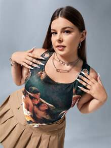 SHEIN 大碼人像圖案不對稱下擺背心上衣 - 彩色 - 查看 4