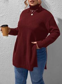 Calvaya Plus Turtleneck Split Hem Sweater - Burgundy - View 1