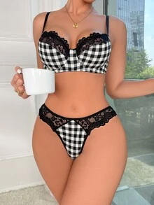 Gingham Contrast Lace Underwire Lingerie Set - Black and White - View 3