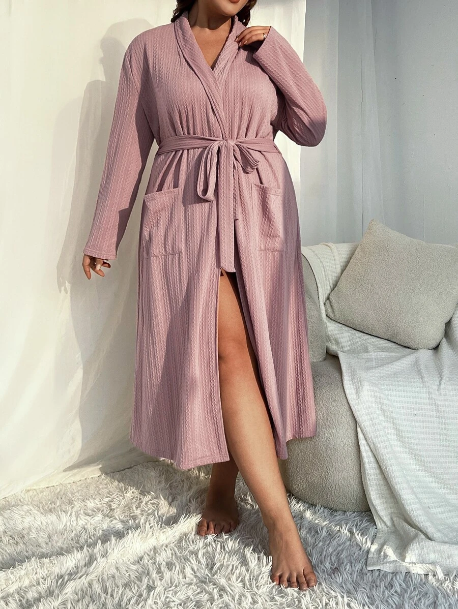 Bata con cinturón cruzado con doble bolsillo - Rosa vieja - Ver 1