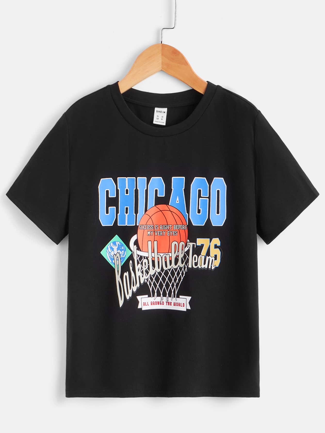 SHEIN Boys Basketball & Letter Graphic Tee - Black - View 1