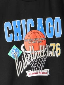 SHEIN Boys Basketball & Letter Graphic Tee - Black - View 4