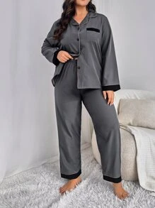 Conjunto de pijama ribete en contraste con parche de bolsillo - Gris Oscuro - Ver 2