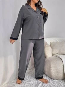 Conjunto de pijama ribete en contraste con parche de bolsillo - Gris Oscuro - Ver 5