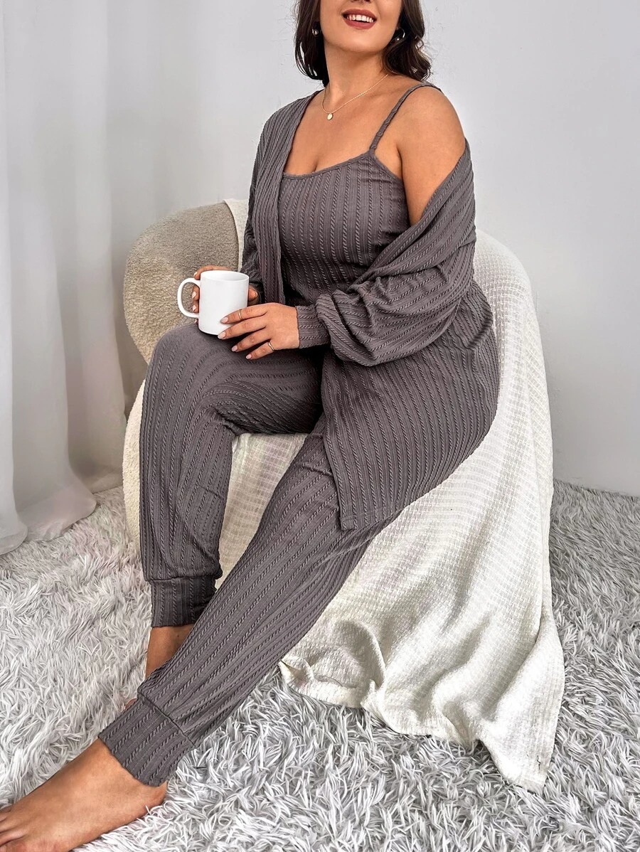 Plus Textured Knit Cami Top & Trousers & Robe - Dark Grey - View 1