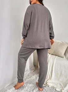 Plus Textured Knit Cami Top & Trousers & Robe - Dark Grey - View 2