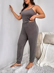 Plus Textured Knit Cami Top & Trousers & Robe - Dark Grey - View 3