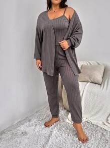 Plus Textured Knit Cami Top & Trousers & Robe - Dark Grey - View 5