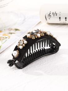 水鑽和人造珍珠裝飾髮夾 - 黑色 - 查看 2