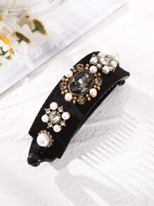 水鑽和人造珍珠裝飾髮夾 - 黑色 - 查看 4