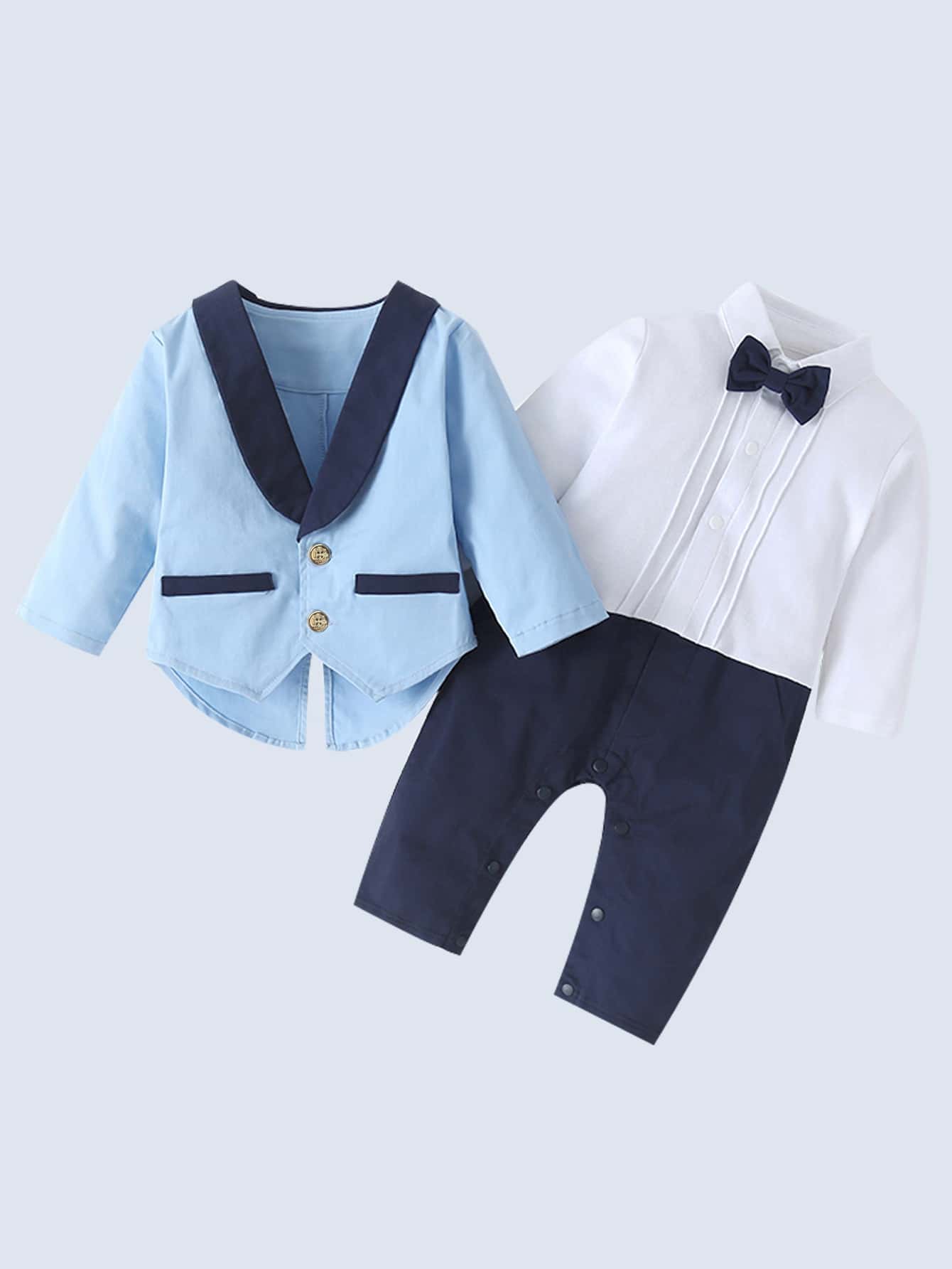 男嬰前蝴蝶結襯衫和褲子和青果領外套 - 彩色 - 查看 1