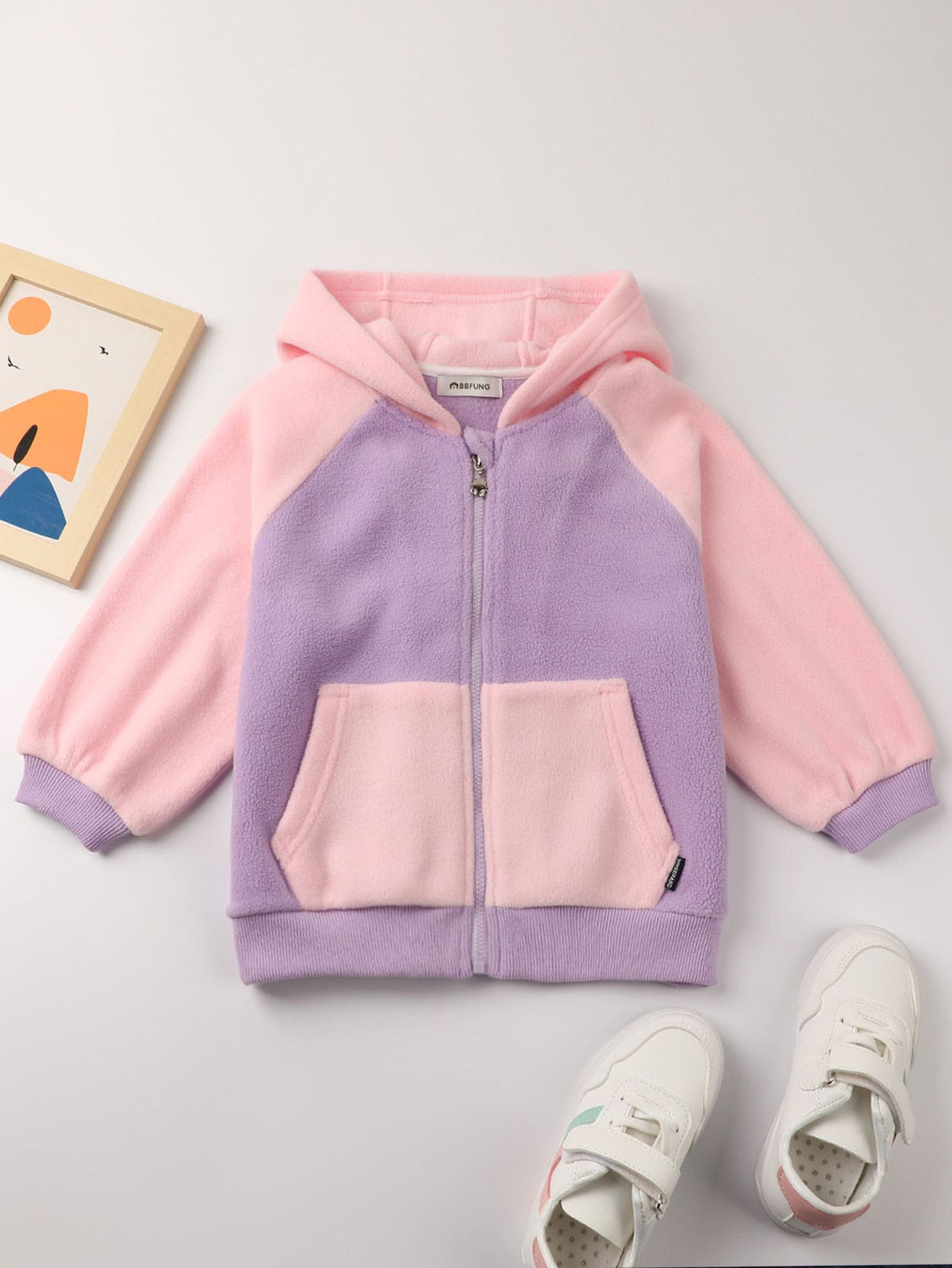 YINGZIFANG Toddler Girls Colourblock Raglan Sleeve Zipper Up Hooded Fleece Jacket - Multicolor - View 1