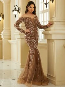 Missord Off Shoulder Mermaid Hem Sequin Prom Dress