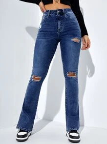 SHEIN ICON Jeans de pierna amplia de talle alto desgarro crudo bajo con abertura