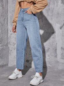 SHEIN EZwear High Waist Straight Leg Jeans - Light Wash - View 3
