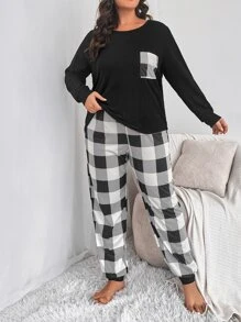 Plus Buffalo Plaid Print Pocket Patched Tee & Trousers PJ Set - Black and White - View 3