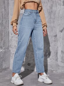 SHEIN EZwear High Waist Straight Leg Jeans - Light Wash - View 4