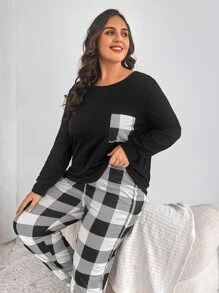 Plus Buffalo Plaid Print Pocket Patched Tee & Trousers PJ Set - Black and White - View 5