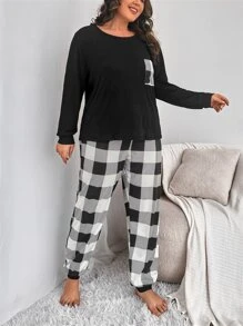 Plus Buffalo Plaid Print Pocket Patched Tee & Trousers PJ Set - Black and White - View 4