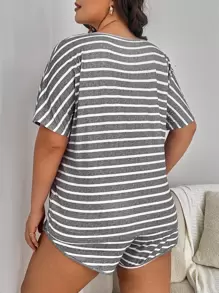 Plus Striped Batwing Sleeve Tee & Shorts PJ Set / Pajama Set - Multicolor - View 2