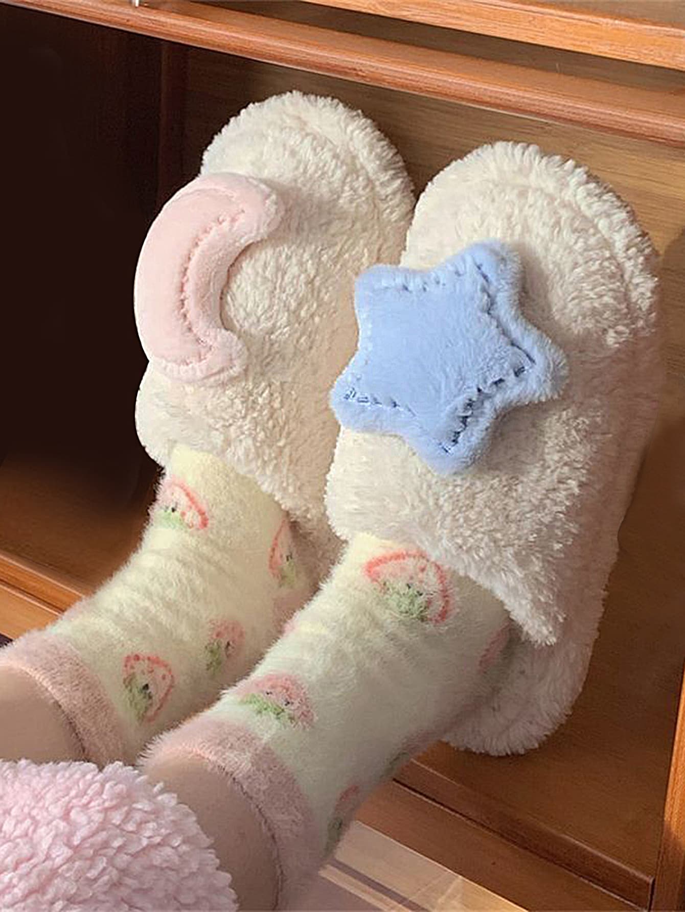 Moon & Star Decor Fluffy Novelty Slippers - Beige - View 1