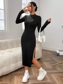 SHEIN EZwear 小高領高衩緊身連衣裙 - 黑色 - 查看 1