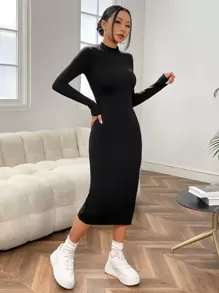 SHEIN EZwear 小高領高衩緊身連衣裙 - 黑色 - 查看 3