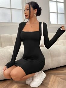 SHEIN EZwear Square Neck Bolero Detail Bodycon Dress - Black - View 1