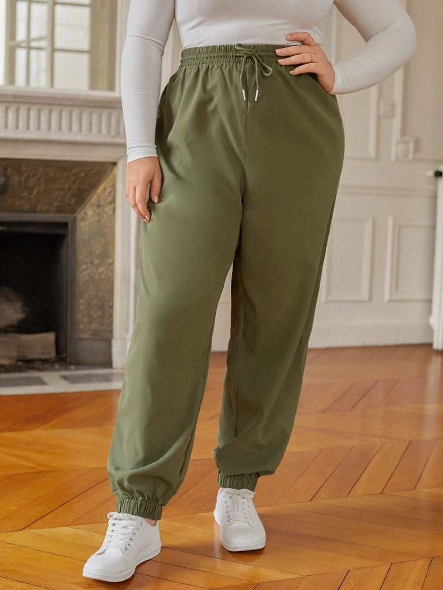 SHEIN Frenchy Pantalones de cintura con cordón - Verde militar - Ver 1