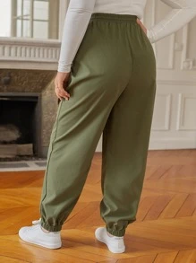 SHEIN Frenchy Pantalones de cintura con cordón - Verde militar - Ver 2