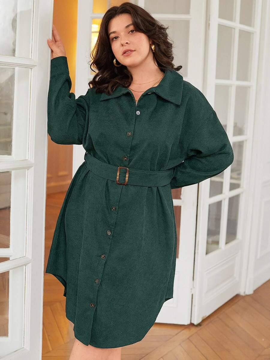 SHEIN Frenchy 大碼素色腰帶燈芯絨襯衫洋裝