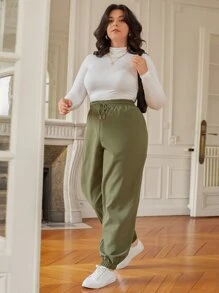 SHEIN Frenchy Pantalones de cintura con cordón - Verde militar - Ver 3