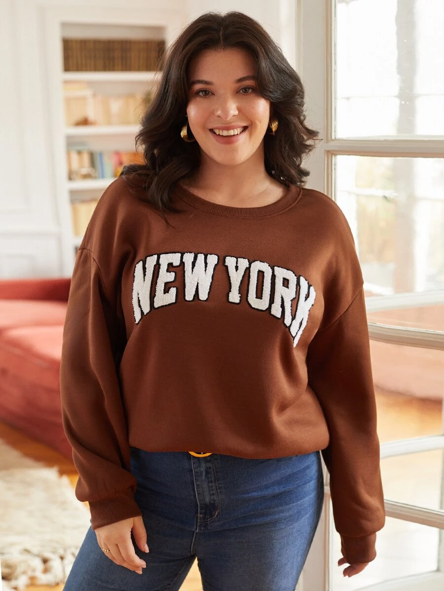 SHEIN Frenchy Plus Letter Graphic Drop Shoulder Sweatshirt - Coffee Brown - View 1
