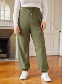 SHEIN Frenchy Pantalones de cintura con cordón - Verde militar - Ver 4