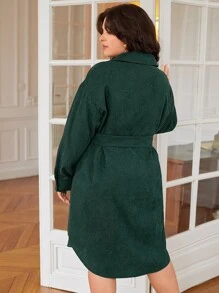 SHEIN Frenchy 大碼素色腰帶燈芯絨襯衫洋裝