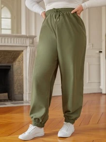 SHEIN Frenchy Pantalones de cintura con cordón - Verde militar - Ver 5