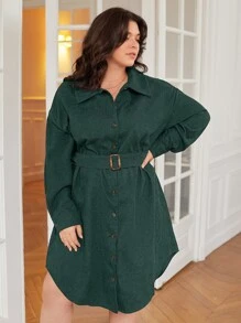 SHEIN Frenchy 大碼素色腰帶燈芯絨襯衫洋裝