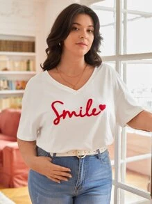 SHEIN Frenchy Plus Heart And Letter Patched Drop Shoulder Tee - White - View 1