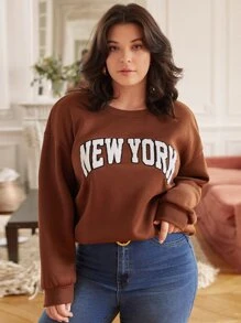 SHEIN Frenchy Plus Letter Graphic Drop Shoulder Sweatshirt - Coffee Brown - View 3