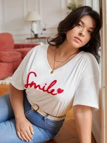 SHEIN Frenchy Plus Heart And Letter Patched Drop Shoulder Tee - White - View 3