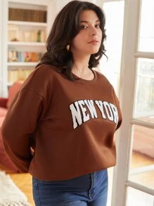SHEIN Frenchy Plus Letter Graphic Drop Shoulder Sweatshirt - Coffee Brown - View 5