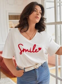 SHEIN Frenchy Plus Heart And Letter Patched Drop Shoulder Tee - White - View 4