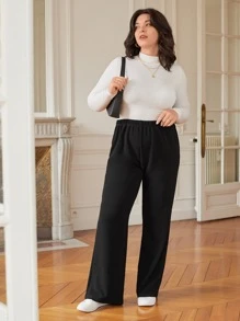 SHEIN Frenchy Plus High Waist Wide Leg Trousers - Black - View 5